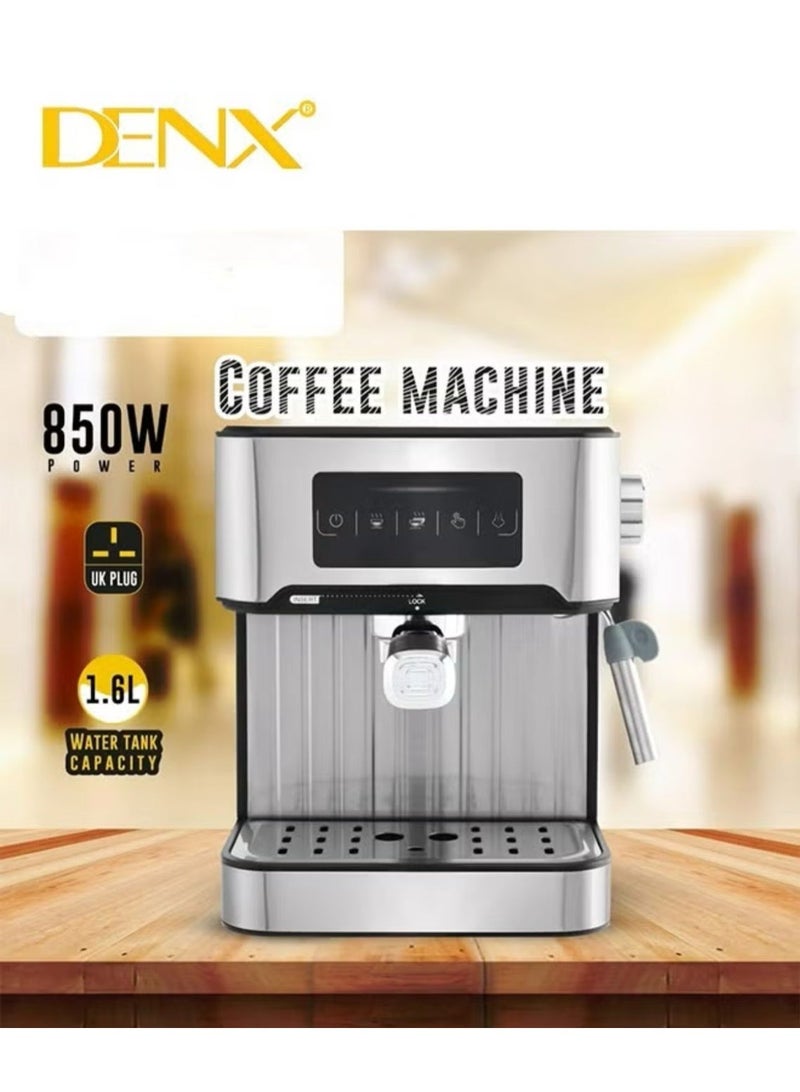 Denx Espresso Coffee Machine for Home, 1.6L Capacity, 850W Power, with Milk Frother, Cappuccino & Latte Maker, Equipped with Steamer, Metal Filter, and Temperature Indicator - Image 1
