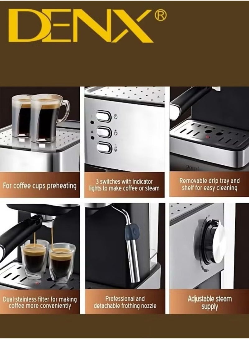 Denx Espresso Coffee Machine for Home, 1.6L Capacity, 850W Power, with Milk Frother, Cappuccino & Latte Maker, Equipped with Steamer, Metal Filter, and Temperature Indicator - Image 5