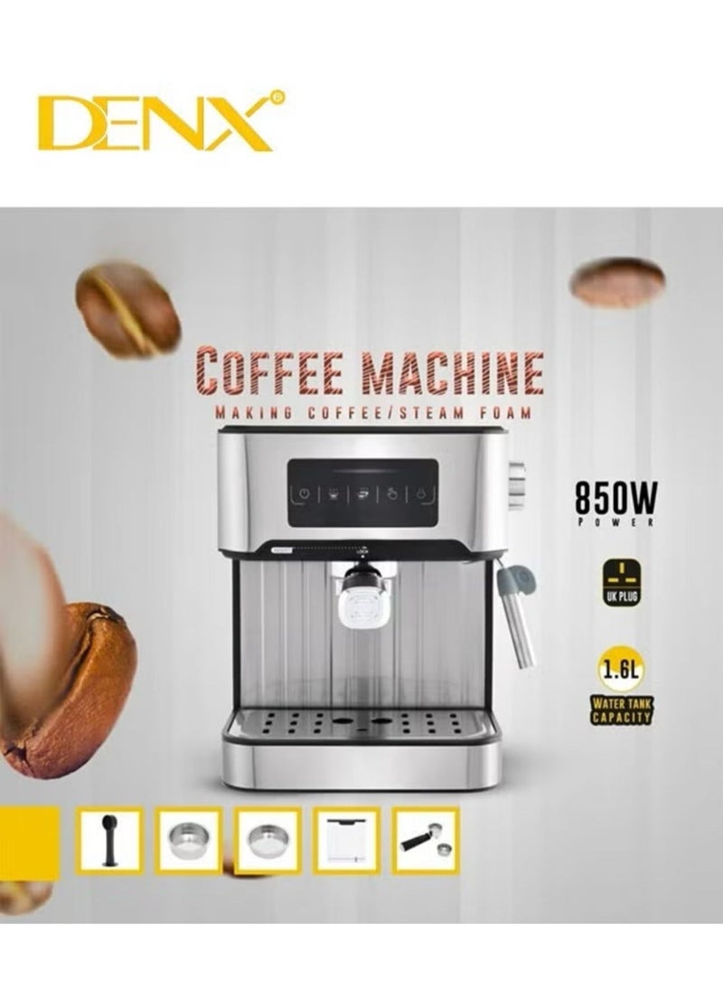 Denx Espresso Coffee Machine for Home, 1.6L Capacity, 850W Power, with Milk Frother, Cappuccino & Latte Maker, Equipped with Steamer, Metal Filter, and Temperature Indicator - Image 4