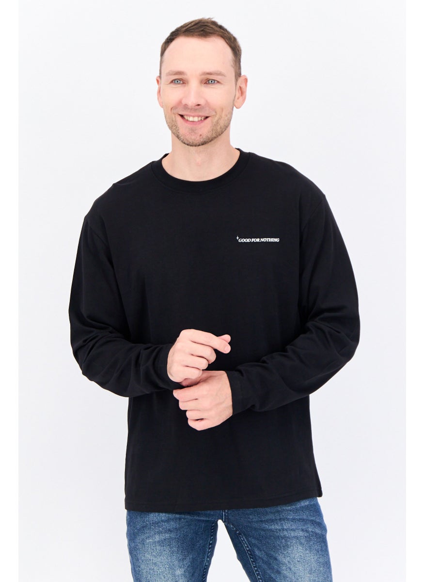 GOOD FOR NOTHING - Men Oversized Crew Neck Long Sleeves Brand Logo T-shirt, Black - Image 1
