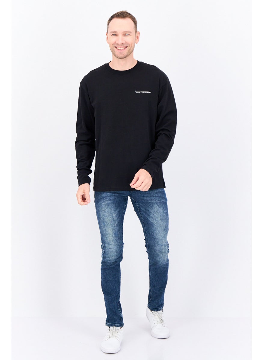 GOOD FOR NOTHING - Men Oversized Crew Neck Long Sleeves Brand Logo T-shirt, Black - Image 1