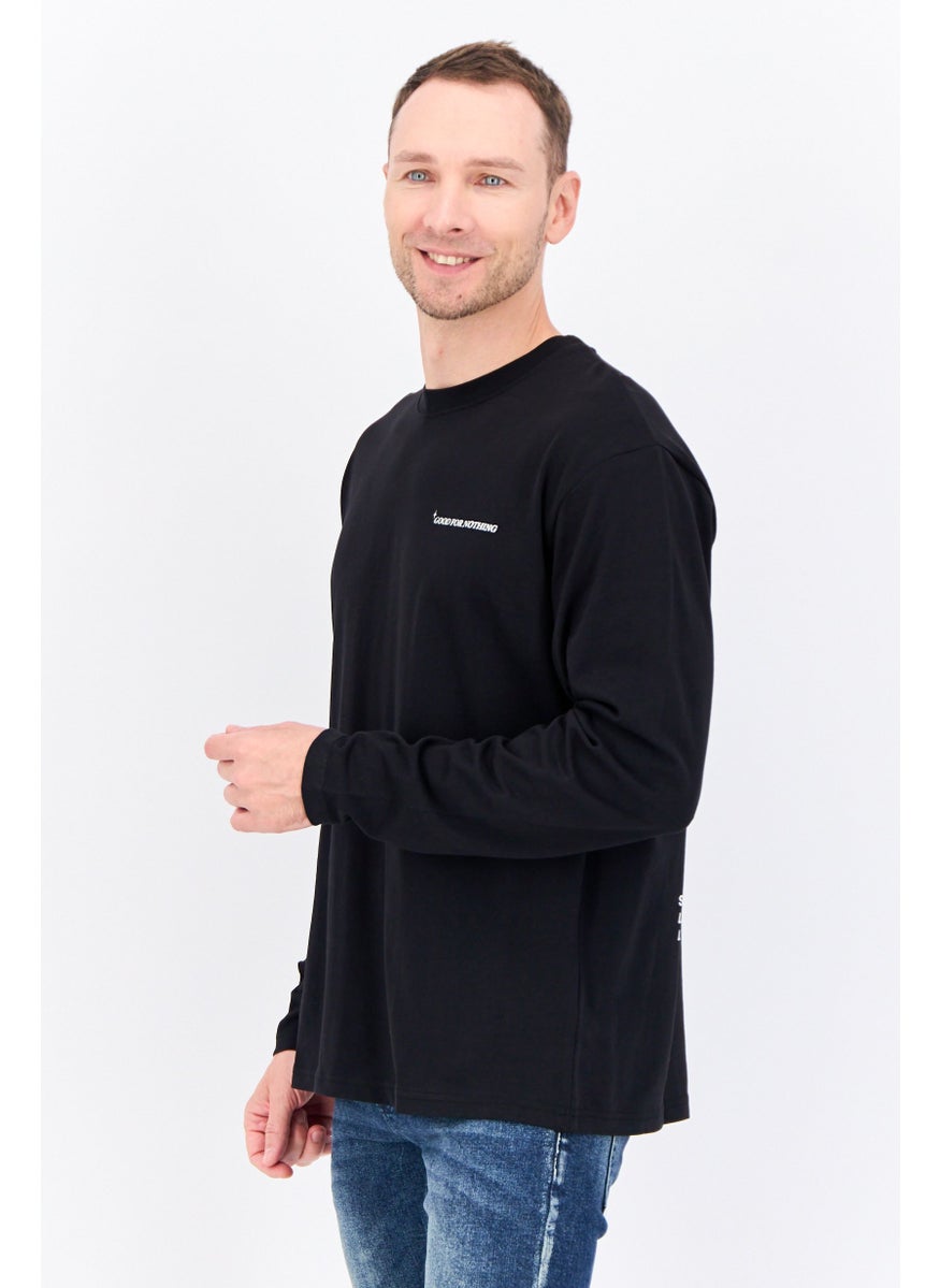 GOOD FOR NOTHING - Men Oversized Crew Neck Long Sleeves Brand Logo T-shirt, Black - Image 1