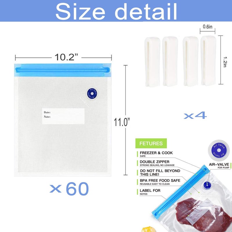 Repinsta Sous Vide Bags 60pcs Reusable Vacuum Sealer Bags with 4 Sealing Clips, Reusable Vacuum bags for Food Storage and Sous Vide Cooking (10.2x11 Inch) - Image 2