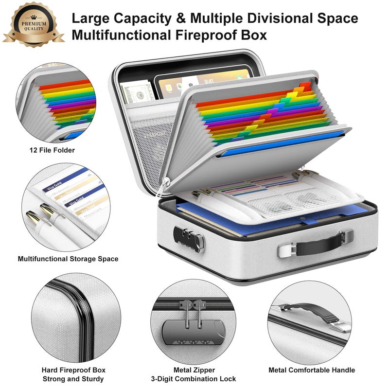 COLCASE Fireproof Document Box, Hard Case Fireproof File Organizer with Lock Hard-Shell Design Fireproof Water Resistant Safe Box for Important Documents Certificates Laptop Passports Gray - Image 4