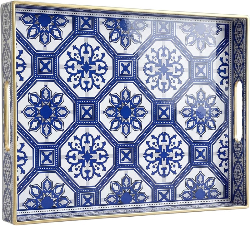 Simmer Stone Rectangular Decorative Plastic Tray with Handles, Modern Vanity Serving Tray for Ottoman, Coffee Table, Kitchen and Bathroom, 40 x 30 cm (Blue and White Porcelain) - Image 1