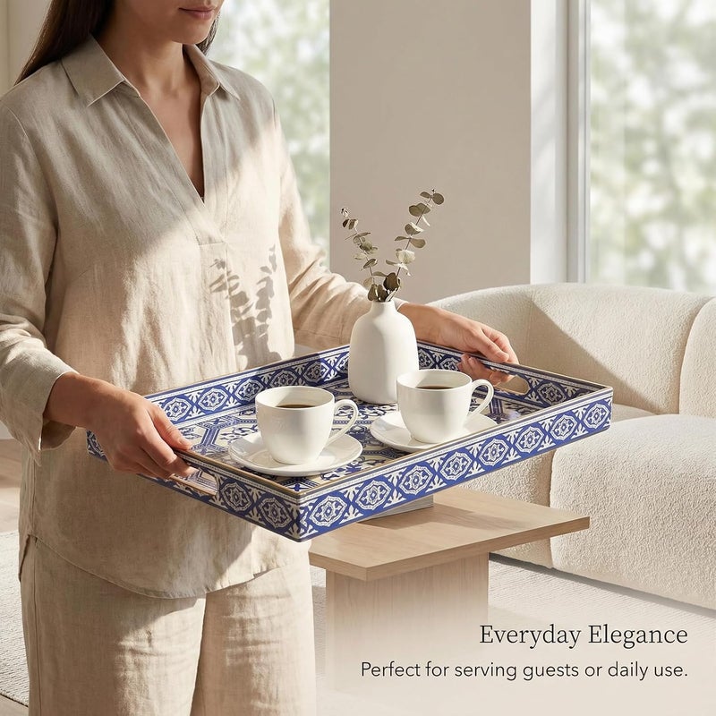 Simmer Stone Rectangular Decorative Plastic Tray with Handles, Modern Vanity Serving Tray for Ottoman, Coffee Table, Kitchen and Bathroom, 40 x 30 cm (Blue and White Porcelain) - Image 4