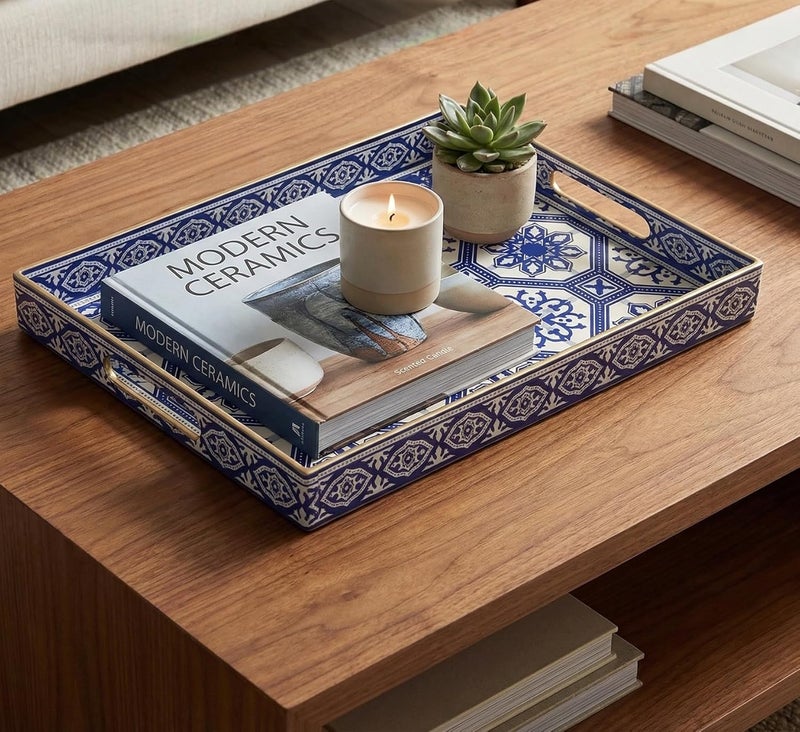 Simmer Stone Rectangular Decorative Plastic Tray with Handles, Modern Vanity Serving Tray for Ottoman, Coffee Table, Kitchen and Bathroom, 40 x 30 cm (Blue and White Porcelain) - Image 5