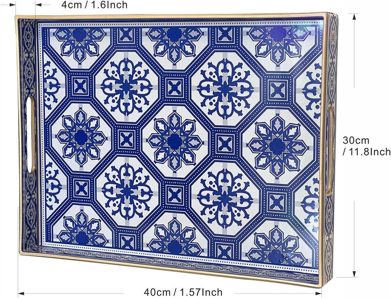 Simmer Stone Rectangular Decorative Plastic Tray with Handles, Modern Vanity Serving Tray for Ottoman, Coffee Table, Kitchen and Bathroom, 40 x 30 cm (Blue and White Porcelain) - Image 2