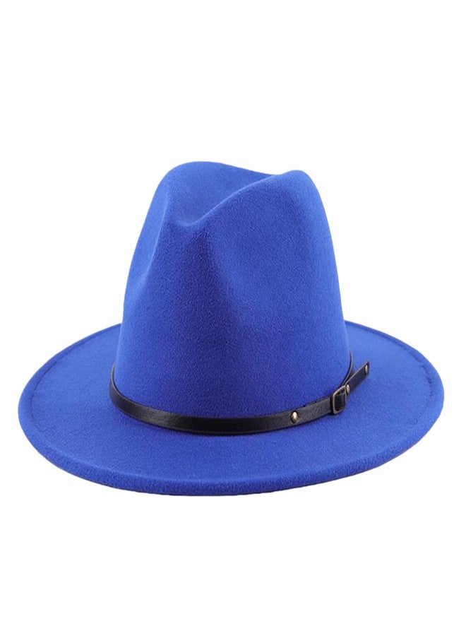 Elandy Unisex Womens Mens Adjustable Classic Wide Brim Belt Buckle Fedora Hat Felt Panama Hat Church Jazz Cap Blue - Image 1