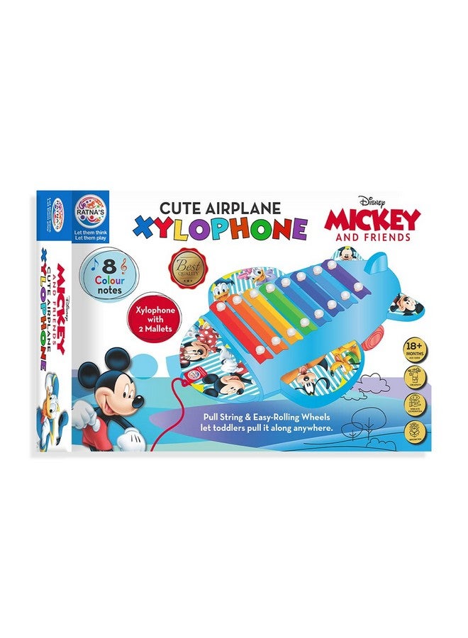 راتاناز لعبة موسيقية سهلة السحب على شكل إكسيليفون طائرة لطيف من راتنا، مطبوع عليه ميكي وأصدقاؤه من ديزني، مع 8 نوتات موسيقية، وعصاتين للأطفال (ألوان متنوعة) - Image 1