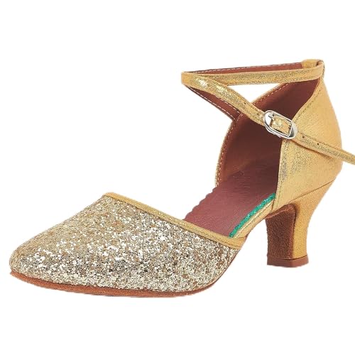 iCKER Womens Latin Dance Shoes Heeled Ballroom Salsa Tango Party Sequin Dance Shoes Gold 8 - Image 1
