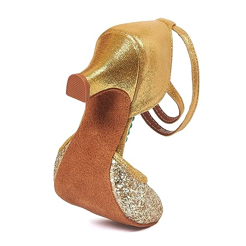 iCKER Womens Latin Dance Shoes Heeled Ballroom Salsa Tango Party Sequin Dance Shoes Gold 8 - Image 5