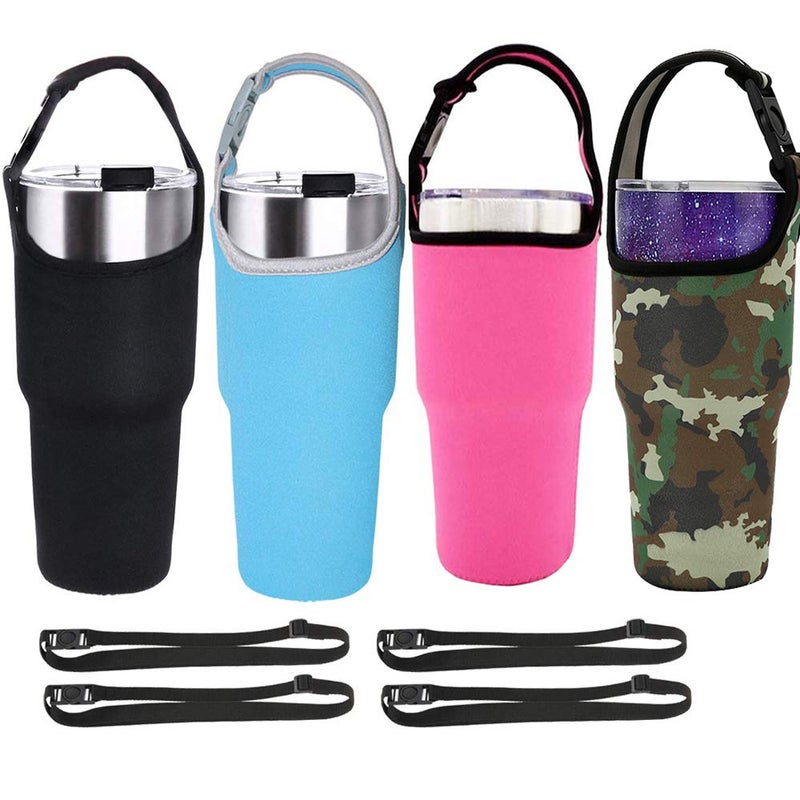 4 Pack Tumbler Carrier Holder with Shoulder Strapfor 30oz Travel Insulated Tumbler Coffee CupWater Bottle Carrier with Strap Portable Neoprene Sleeve Water Bottles Cup Carrier Pouch