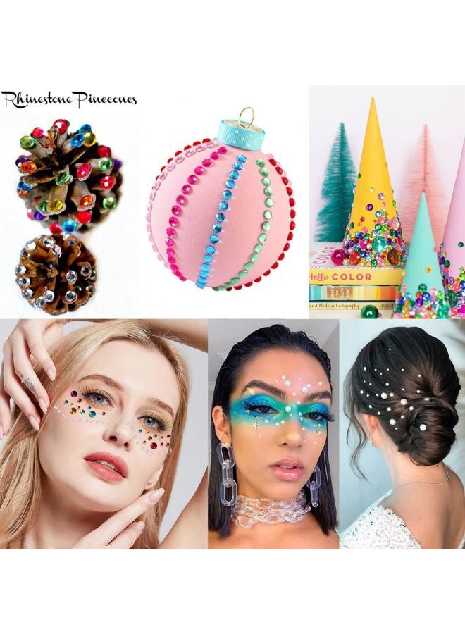 LAPOHI 2100 Pcs Self Adhesive Rhinestones Face Gems Jewels for Makeup Pearl Eye Gems Stick On, Rainbow & Clear Flatback Rhinestones Pearl Stickers Hair Body Jewels Nail Art Christmas Craft Diy Festival Party - Image 2