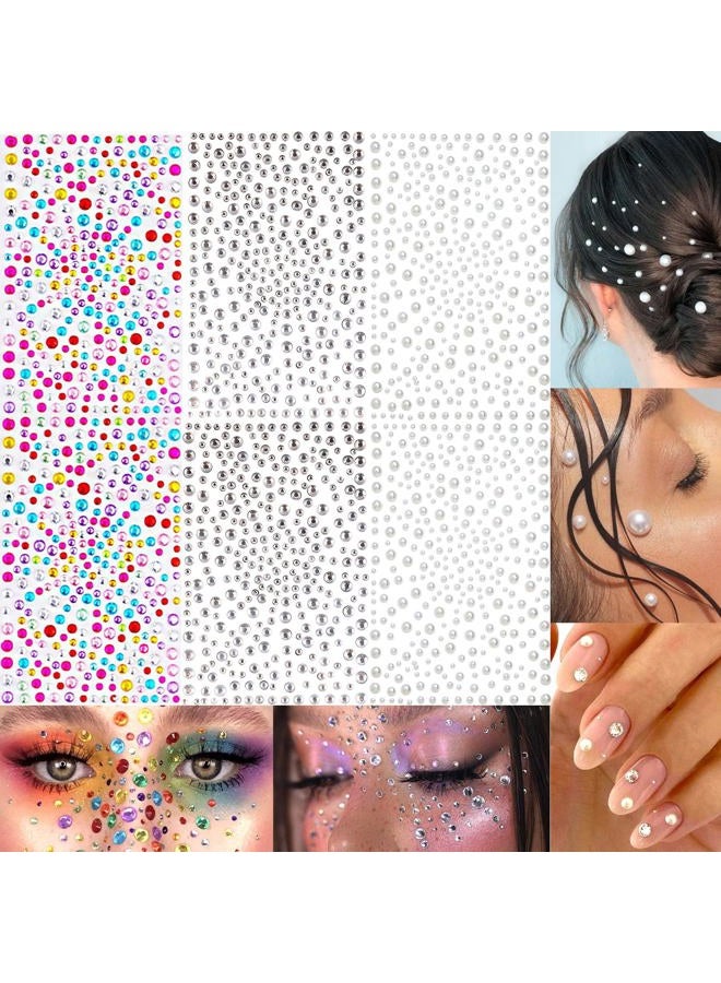 LAPOHI 2100 Pcs Self Adhesive Rhinestones Face Gems Jewels for Makeup Pearl Eye Gems Stick On, Rainbow & Clear Flatback Rhinestones Pearl Stickers Hair Body Jewels Nail Art Christmas Craft Diy Festival Party - Image 1