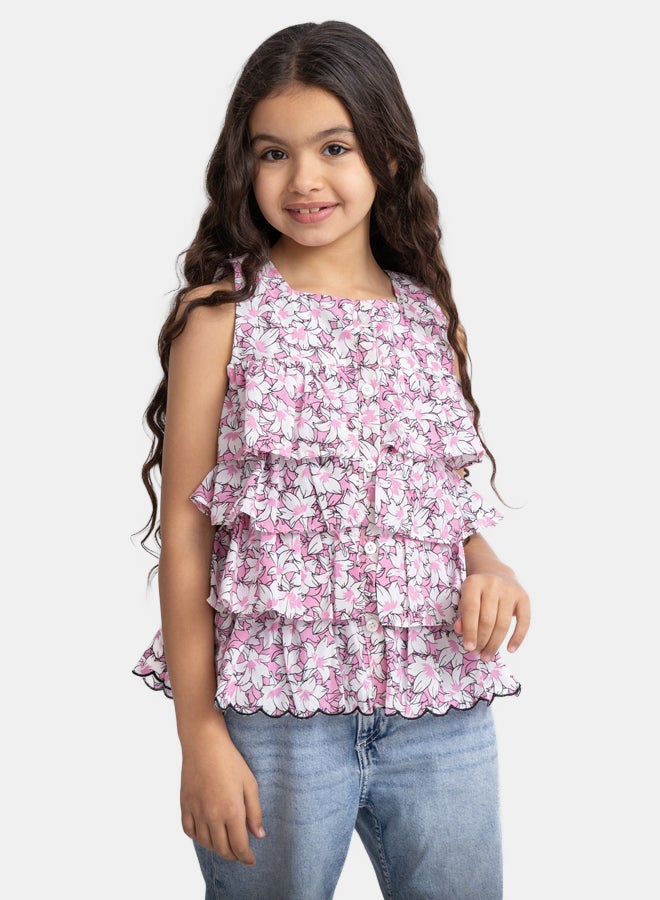 Girls White and Pink Blouse with Flower Print