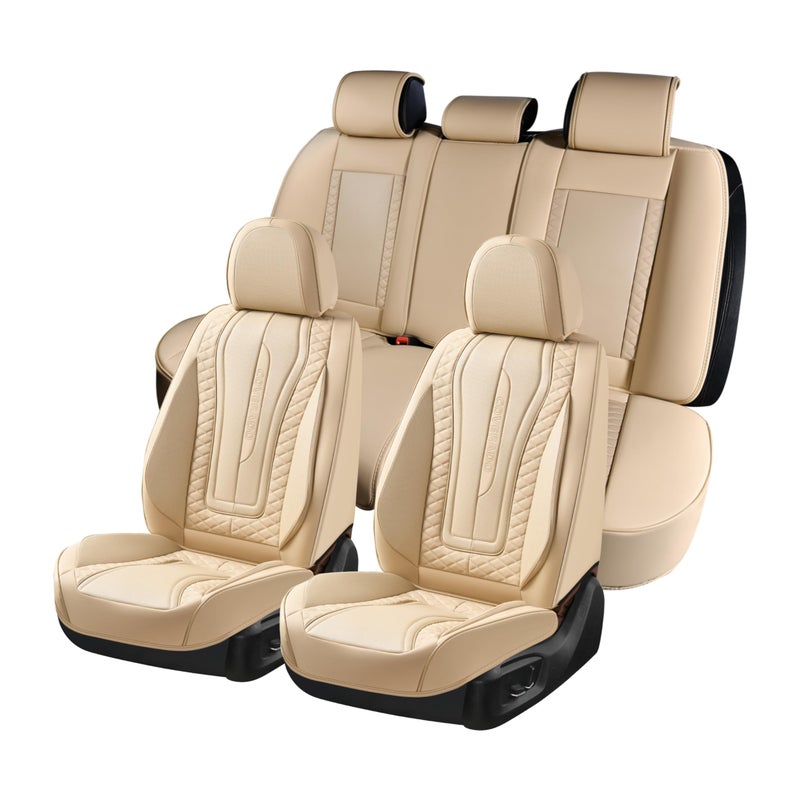 Coverado Car Seat Covers Full Set Front Seat Cover and Back Seat Covers for Cars Faux Leather Waterproof Seat Covers Automotive Seat Covers Car Seat Protectors Universal for Most Vehicles Beige