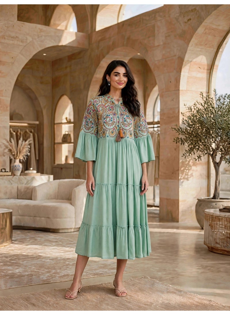 IKKXA Tiered Boho Embroidered Midi Dress Jalabiya IK1915Green - Image 1