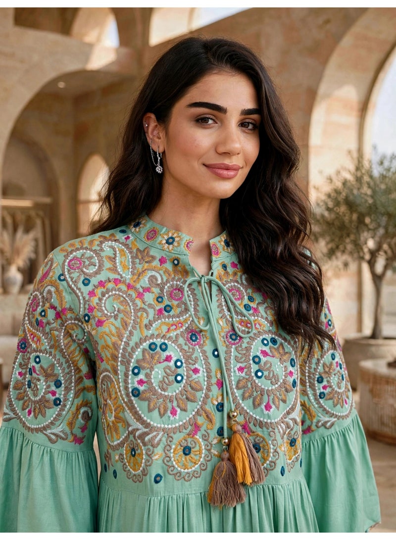 IKKXA Tiered Boho Embroidered Midi Dress Jalabiya IK1915Green - Image 2