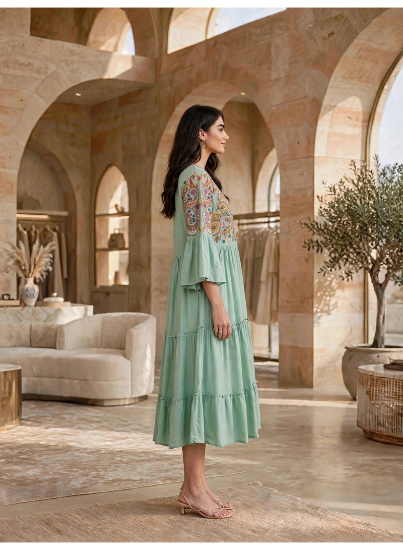 IKKXA Tiered Boho Embroidered Midi Dress Jalabiya IK1915Green - Image 3
