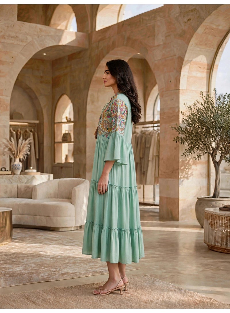 IKKXA Tiered Boho Embroidered Midi Dress Jalabiya IK1915Green - Image 4