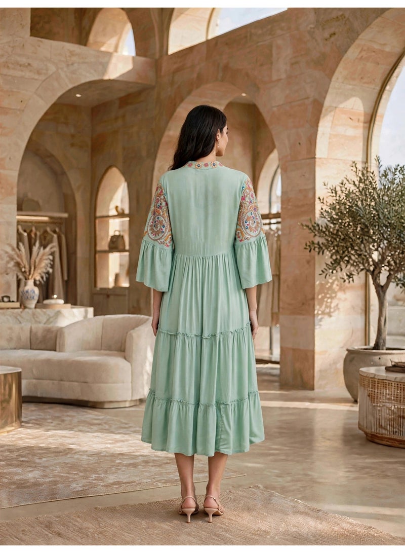 IKKXA Tiered Boho Embroidered Midi Dress Jalabiya IK1915Green - Image 5