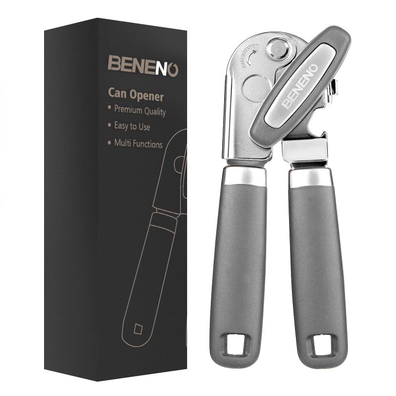 Beneno Heavy Duty Hand Can Opener Manual with Magnet Durable Sharp Carbon Steel Blade Smooth Cutting Big EffortSaving Knob Soft Grip Handle Multifunctional Kitchen Tool with Bottle Opener Gray