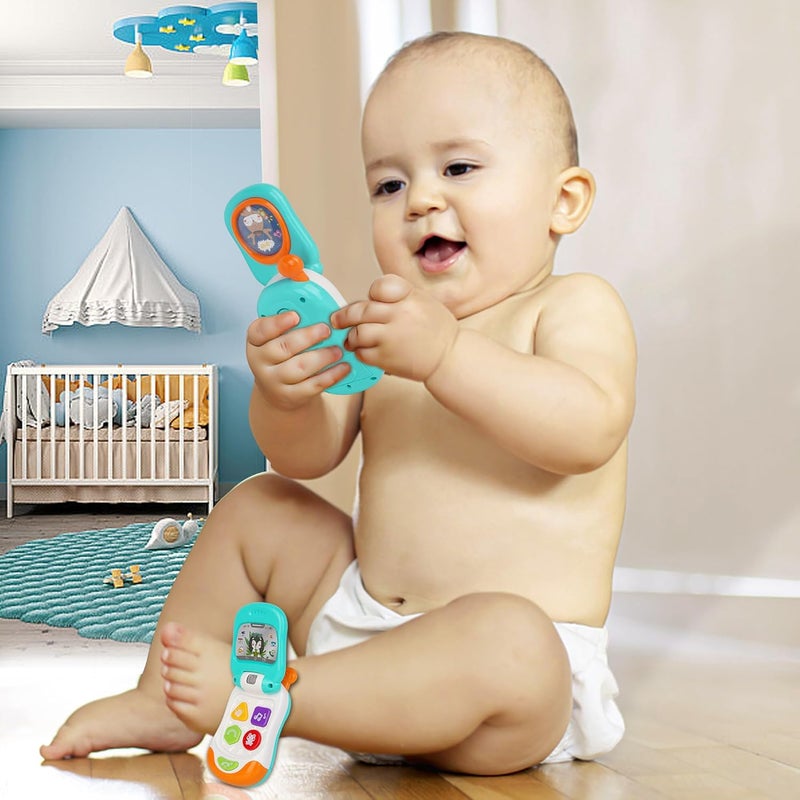 Caterbee Musical Baby Flip Phone Toy, Interactive Learning Toy with Lights and Sounds, Orange and Green, Educational Pretend Play Mobile Phone for Toddlers (Blue) - Image 2
