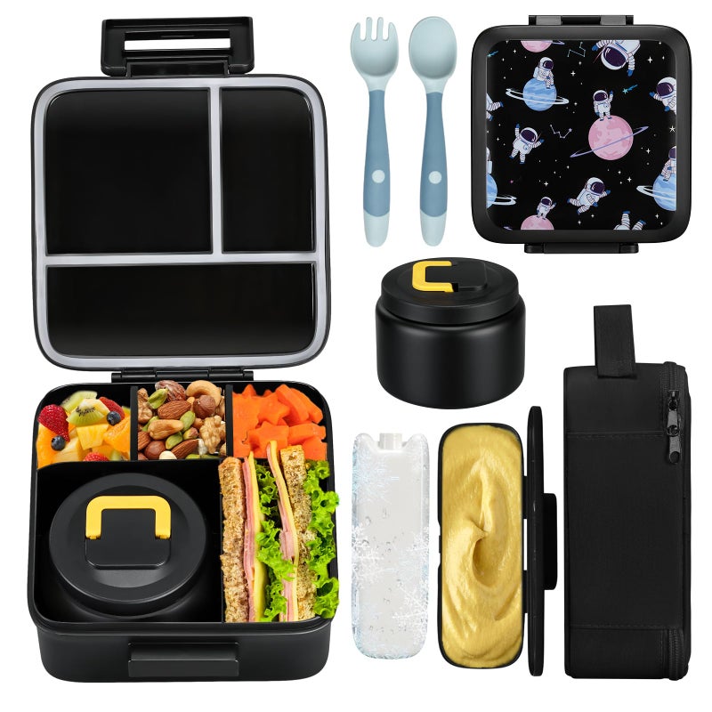 JXXM Bento Lunch Box for Kids With 8oz Soup ThermoLeakproof Lunch Containers with 5 CompartmentThermo Food Jar and Lunch Bag Food Containers for School ABlackCircumnavigate Space