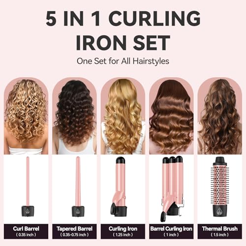 MAX-T Maxt 5-in-1 Interchangeable Curling Iron Wand Set with 3 Barrels & Curling Thermal Brush | Ceramic Coated for Long-Lasting Curls, Waves Hair Curler (0.35-1.25 inch) - Image 2