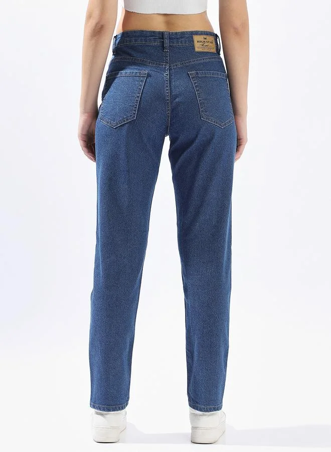 HIGH STAR Women's Indigo Cotton Blend Distressed Full Length Mom Fit Jeans
