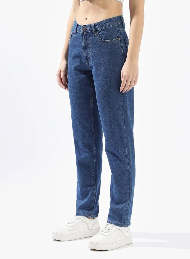HIGH STAR Women's Indigo Cotton Blend Distressed Full Length Mom Fit Jeans