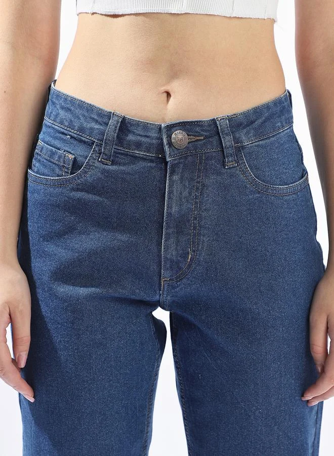 HIGH STAR Women's Indigo Cotton Blend Distressed Full Length Mom Fit Jeans