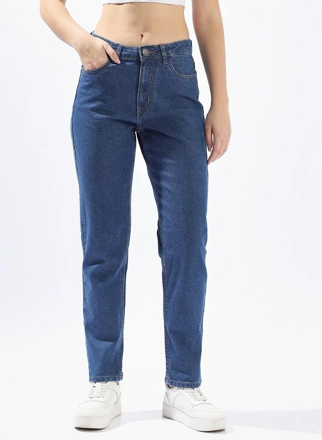 HIGH STAR Women's Indigo Cotton Blend Distressed Full Length Mom Fit Jeans