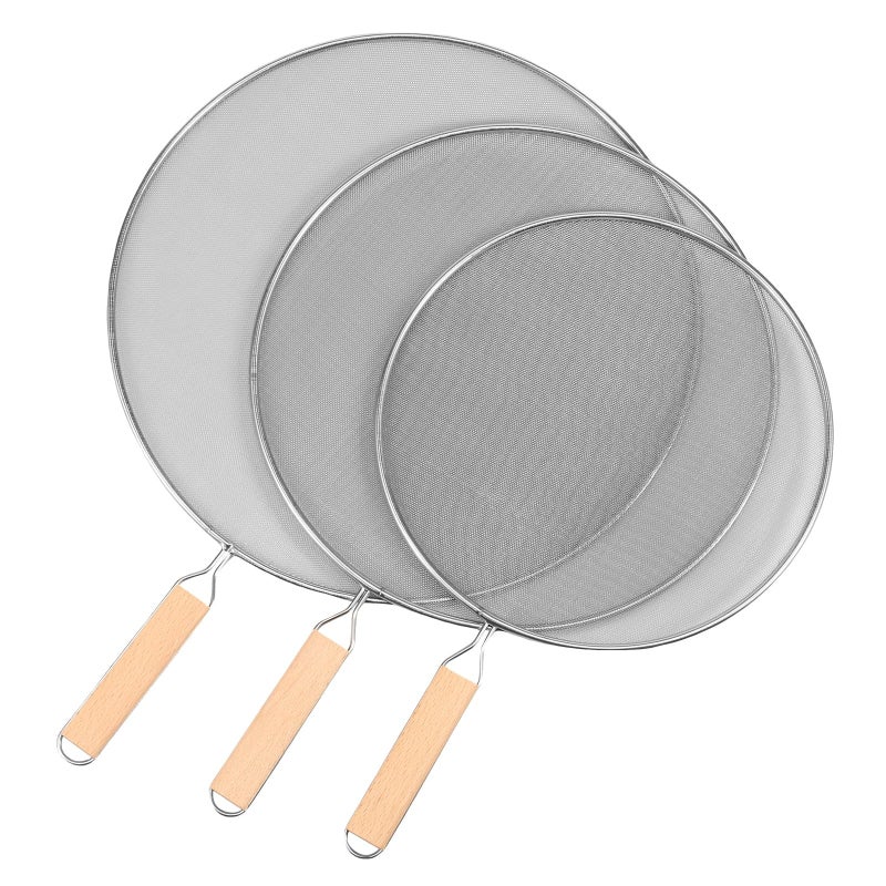 Stainless Steel Splatter Screen with Fine Mesh Wooden Grip Handle Kitchen Accessories for Frying Pan Wok Grease and Oil Cooking Splashes (25cm+25cm+33cm）) - Image 1