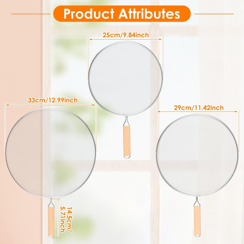 Stainless Steel Splatter Screen with Fine Mesh Wooden Grip Handle Kitchen Accessories for Frying Pan Wok Grease and Oil Cooking Splashes (25cm+25cm+33cm）) - Image 2