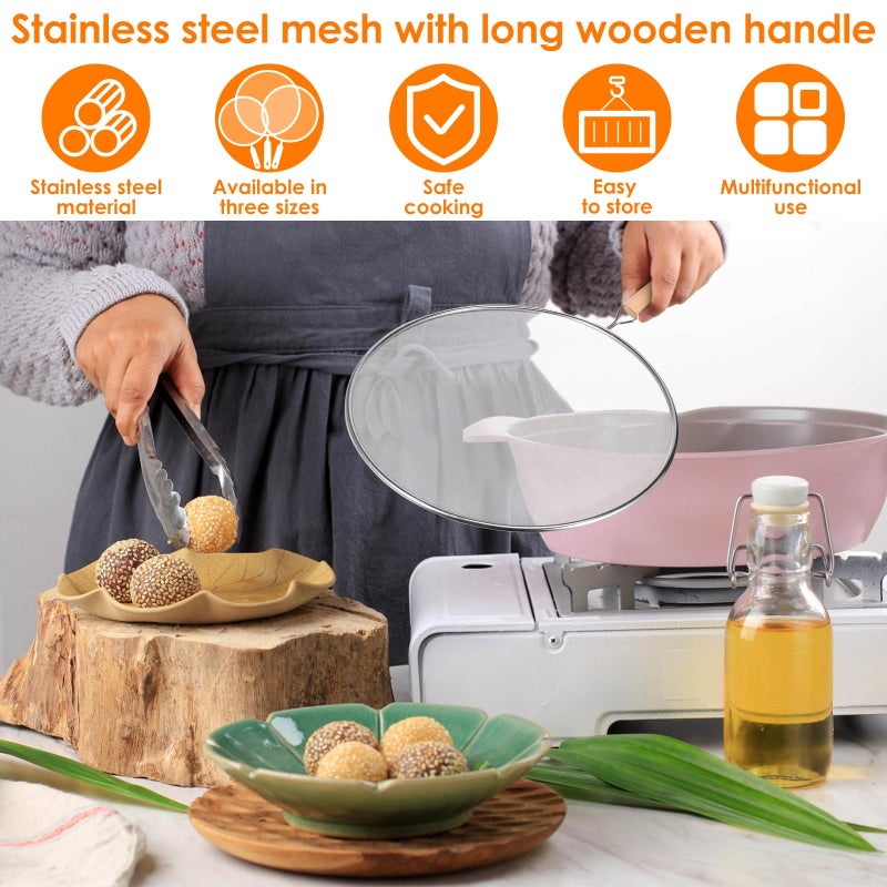 Stainless Steel Splatter Screen with Fine Mesh Wooden Grip Handle Kitchen Accessories for Frying Pan Wok Grease and Oil Cooking Splashes (25cm+25cm+33cm）) - Image 3
