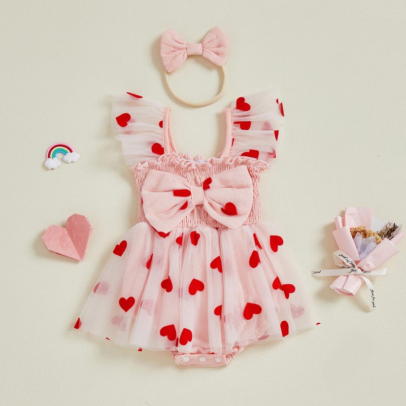 BeQeuewll Baby Girl Valentines Outfit Newborn Smocked Romper Infant Heart Dress Sleeveless Tutu Bodysuit Baby Outfits 0-18M (Pink, 12-18 Months) - Image 4