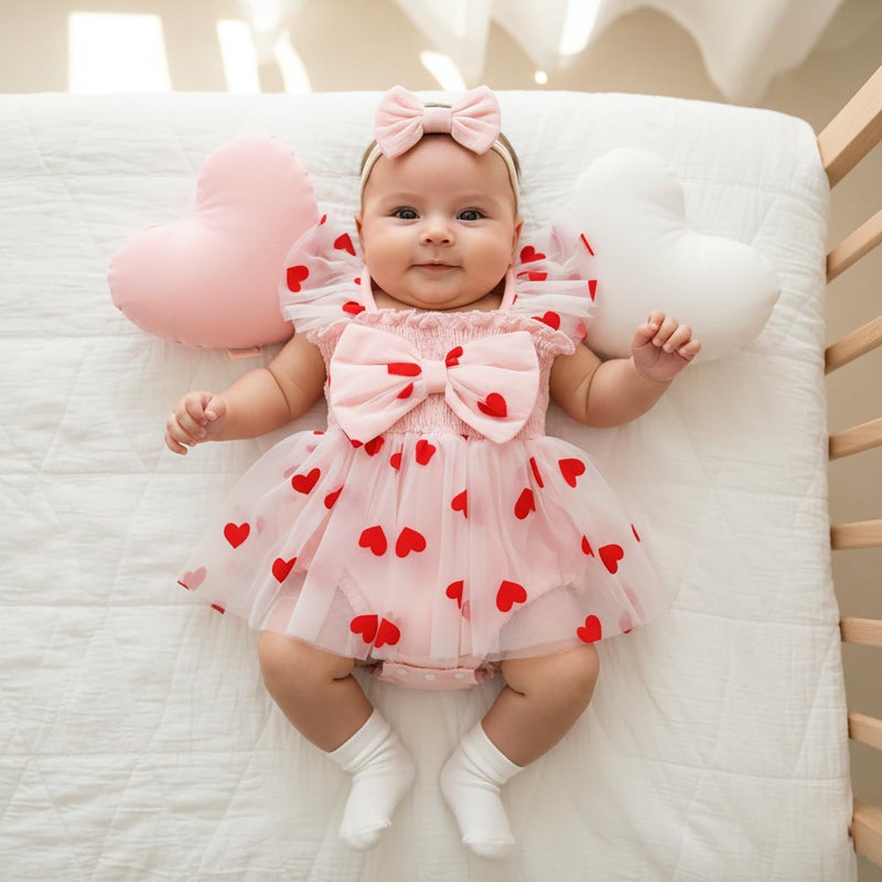 BeQeuewll Baby Girl Valentines Outfit Newborn Smocked Romper Infant Heart Dress Sleeveless Tutu Bodysuit Baby Outfits 0-18M (Pink, 12-18 Months) - Image 2