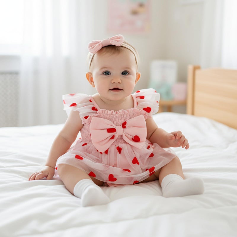 BeQeuewll Baby Girl Valentines Outfit Newborn Smocked Romper Infant Heart Dress Sleeveless Tutu Bodysuit Baby Outfits 0-18M (Pink, 12-18 Months) - Image 3