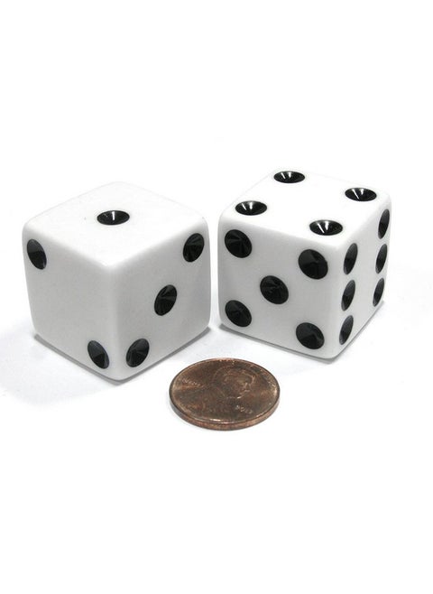 Koplow Games Set of 2 D6 25mm Large Opaque Jumbo Dice - White with Black Pips