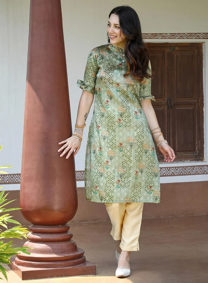  قصة Women's Olive Green Flora Kurta With Flounce Cuff