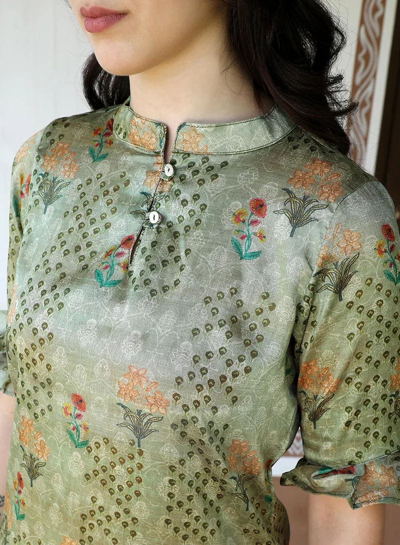  قصة Women's Olive Green Flora Kurta With Flounce Cuff