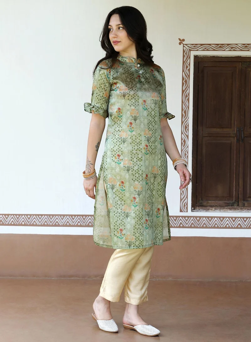  قصة Women's Olive Green Flora Kurta With Flounce Cuff