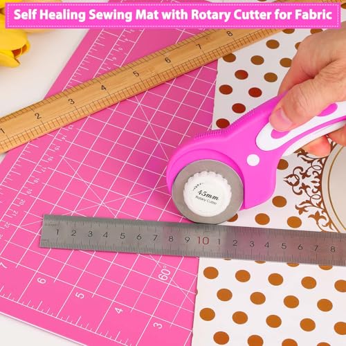 Audab Rotary Cutter and Mat Set, Audab Self Healing Sewing Mats Shirt Cutter 45mm Fabric Cutter Wheel with 2 Blades Rotary Cutting Mat for Crafts Fabric Quilting Hobby (9" x 12" (A4) - Image 2