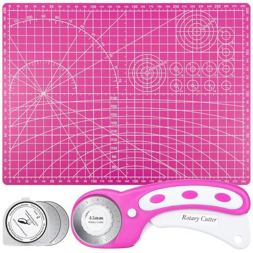 Audab Rotary Cutter and Mat Set, Audab Self Healing Sewing Mats Shirt Cutter 45mm Fabric Cutter Wheel with 2 Blades Rotary Cutting Mat for Crafts Fabric Quilting Hobby (9" x 12" (A4) - Image 1