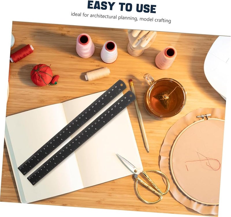 مسطرة هندسية معدنية 2 قطعة أداة قياس دقيقة سوداء لأعمال النجارة والحرف المكتبية - Image 4