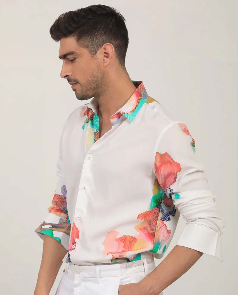 Rare Rabbit Rare Rabbit Men's Painter White Viscose Fabric Full Sleeves Abstract Print Shirt