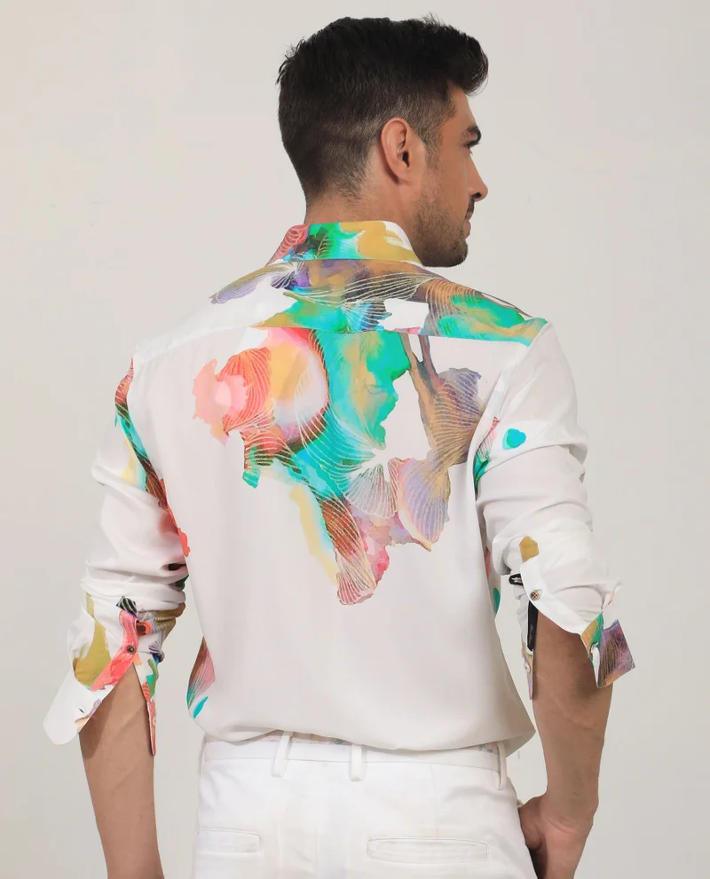 Rare Rabbit Rare Rabbit Men's Painter White Viscose Fabric Full Sleeves Abstract Print Shirt