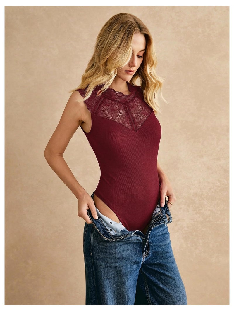 SweatyRocks Women's Sleeveless Round Neck Contrast Lace Skinny Corset Bodysuit Ribbed Knit Concert Tank Top Wine Red Small - Image 4